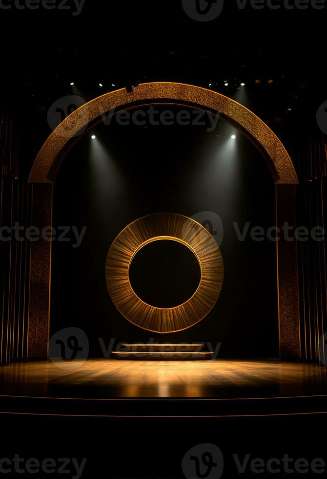 AI generated stage background with a large circular light, in dark bronze and gold style, wood for composition AI generated photo