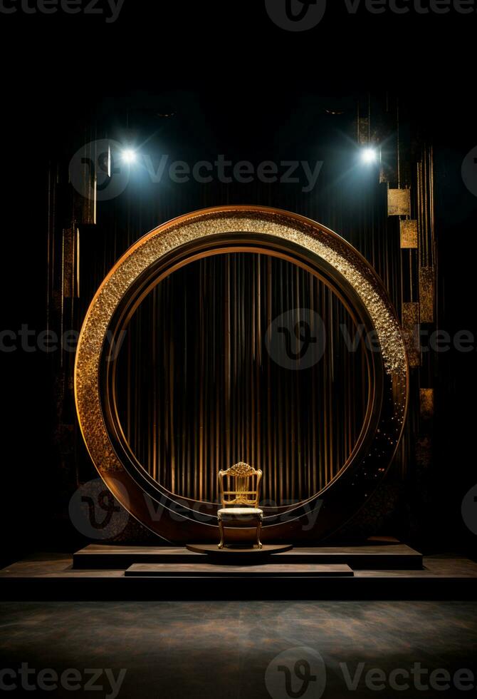 AI generated stage background with a large circular light, in dark bronze and gold style, wood for composition AI generated photo