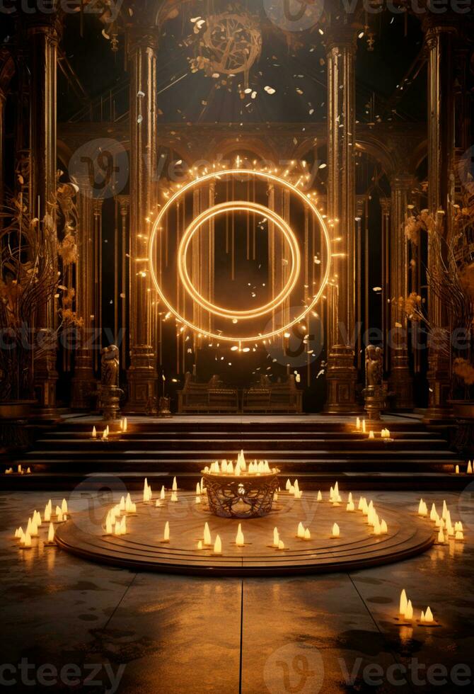 AI generated stage background with a large circular light, in dark bronze and gold style, wood for composition AI generated photo