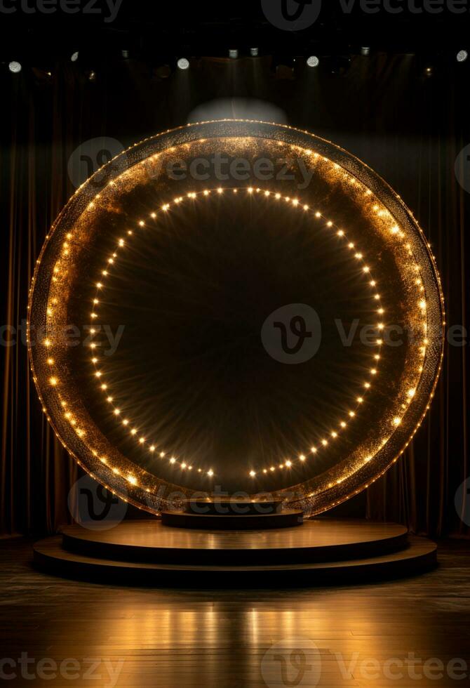 AI generated stage background with a large circular light, in dark bronze and gold style, wood for composition AI generated photo