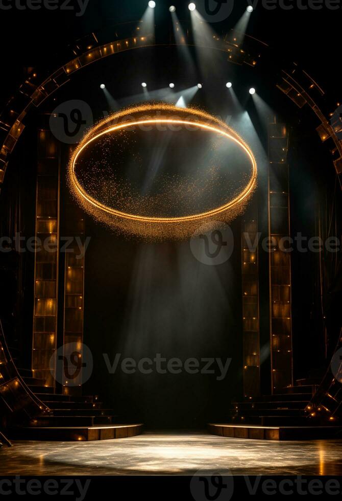AI generated stage background with a large circular light, in dark bronze and gold style, wood for composition AI generated photo