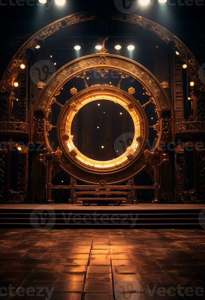 AI generated stage background with a large circular light, in dark bronze and gold style, wood for composition AI generated photo