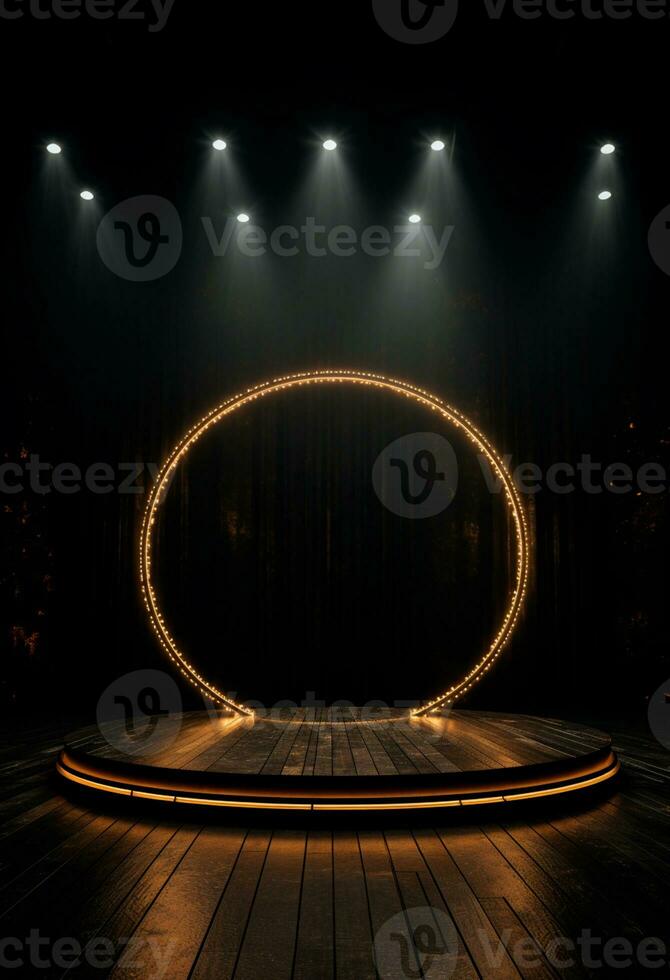AI generated stage background with a large circular light, in dark bronze and gold style, wood for composition AI generated photo
