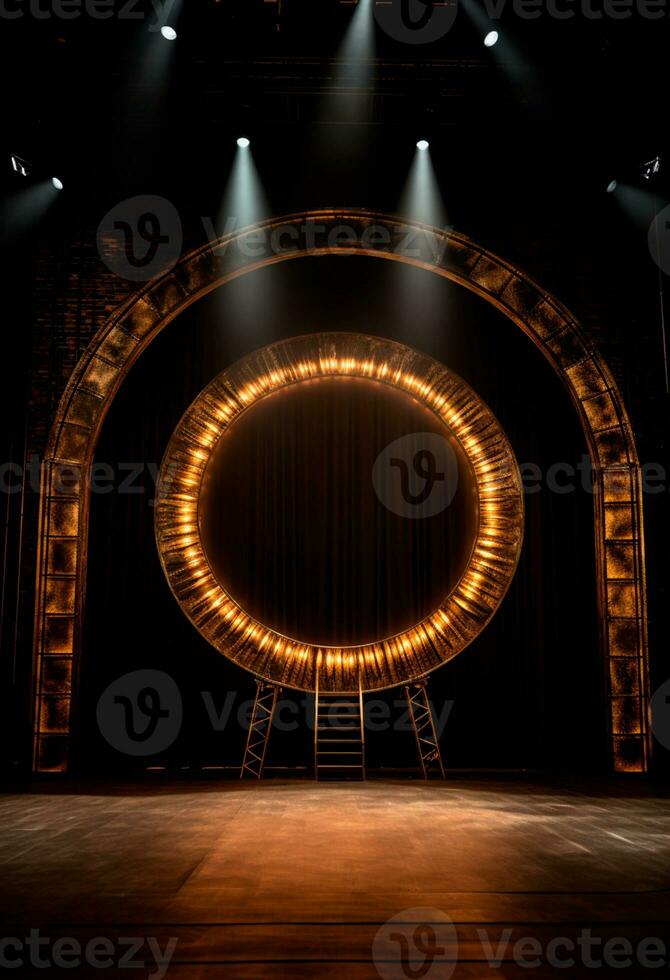 AI generated stage background with a large circular light, in dark bronze and gold style, wood for composition AI generated photo