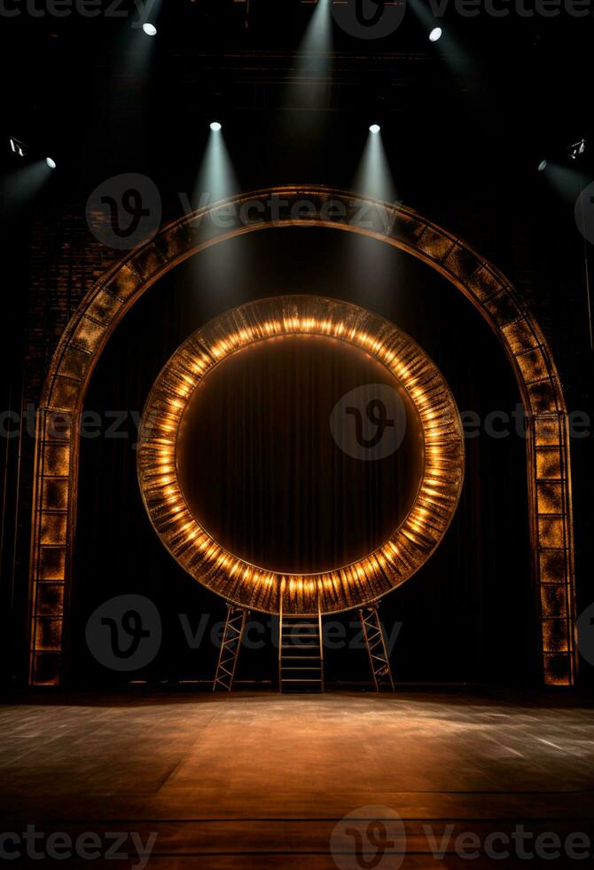 AI generated stage background with a large circular light, in dark bronze and gold style, wood for composition AI generated photo