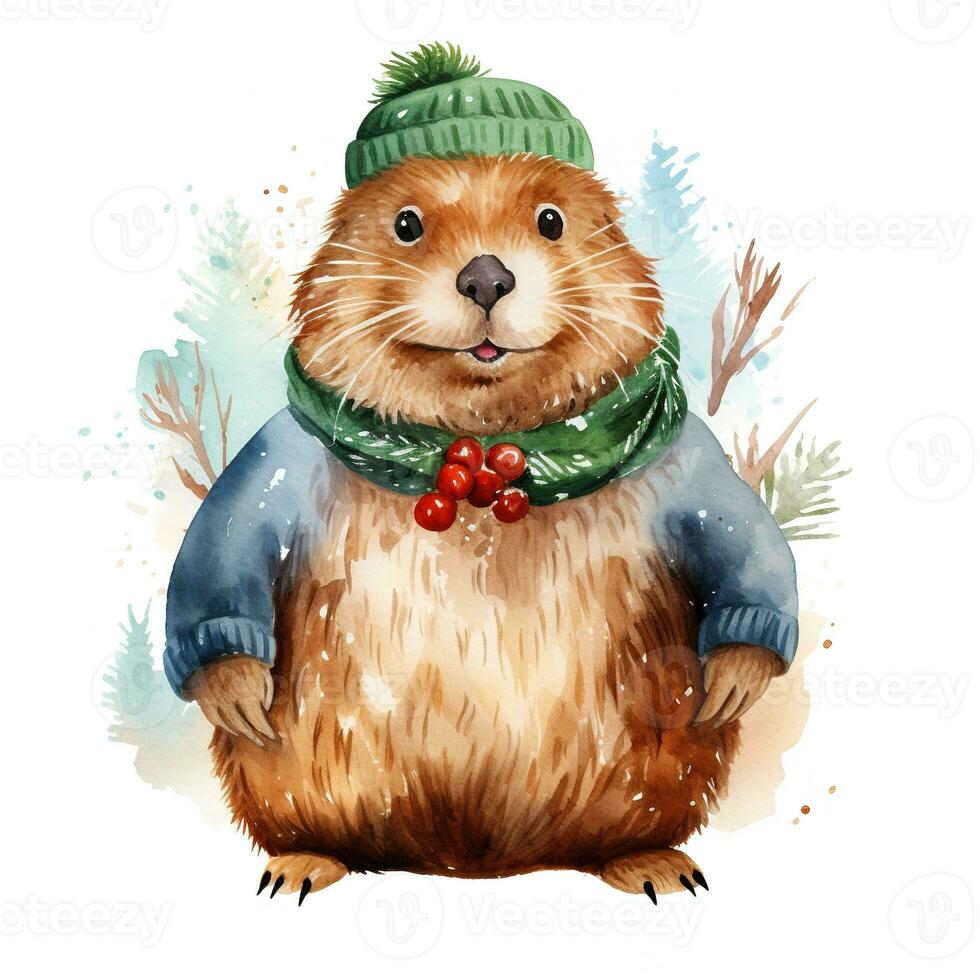 ai generado generativo ai, linda castor animal, mascota en Navidad sombrero y feo suéteres, acuarela estilo. foto