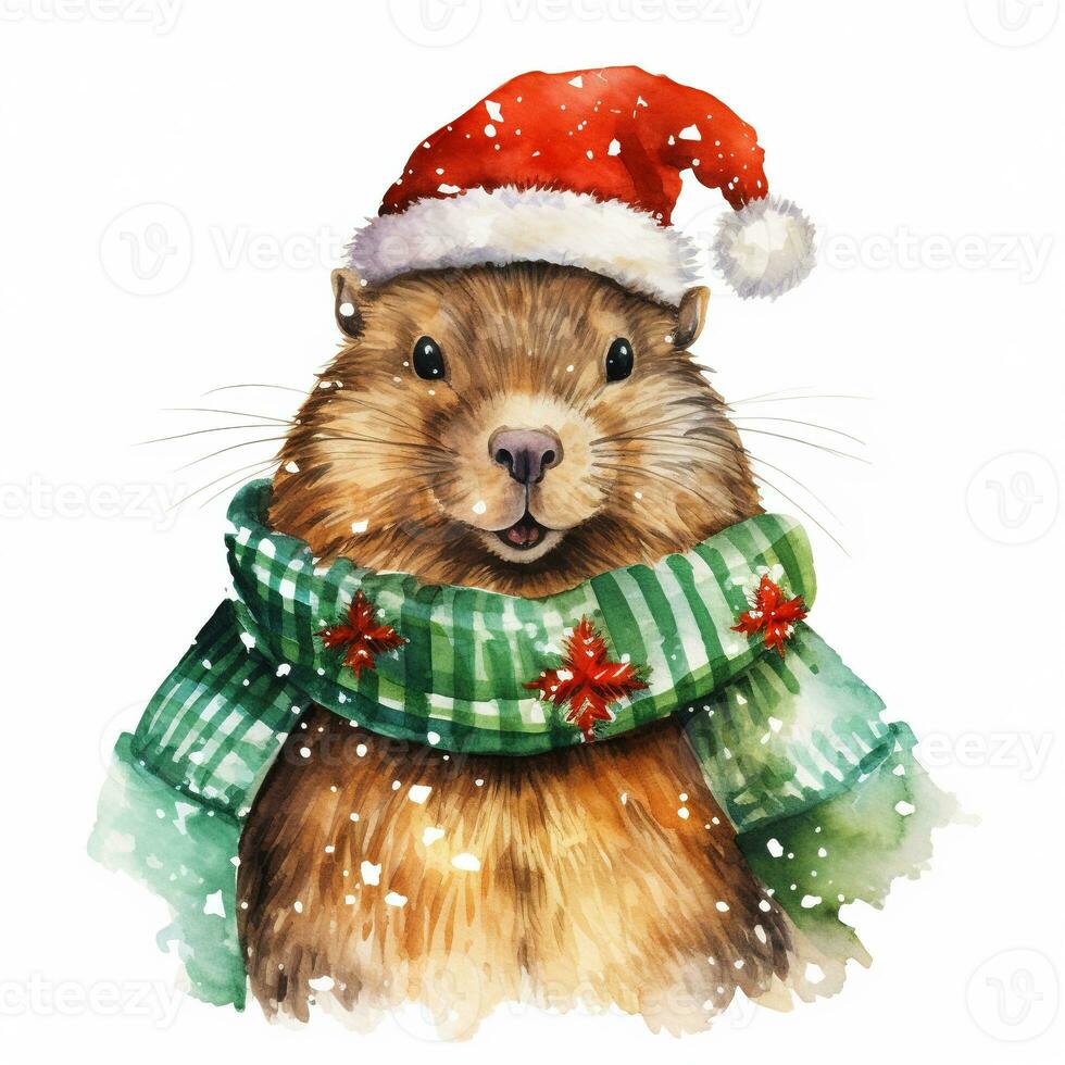 ai generado generativo ai, linda castor animal, mascota en Navidad sombrero y feo suéteres, acuarela estilo. foto