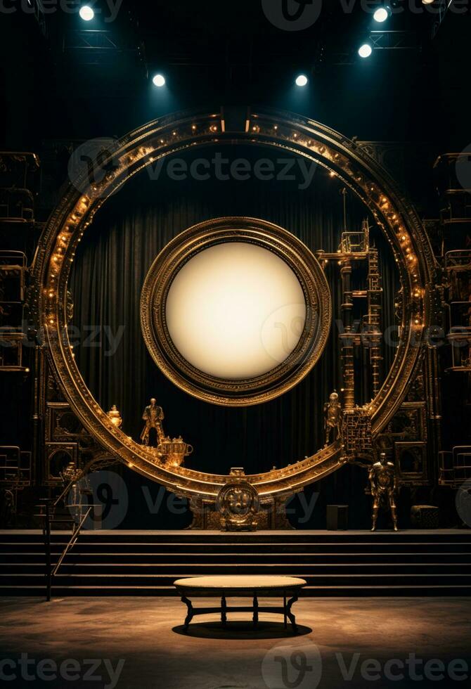 AI generated stage background with a large circular light, in dark bronze and gold style, wood for composition AI generated photo