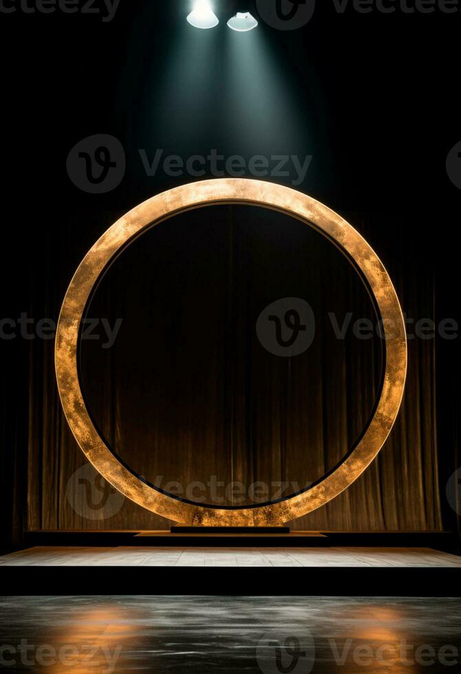 AI generated stage background with a large circular light, in dark bronze and gold style, wood for composition AI generated photo