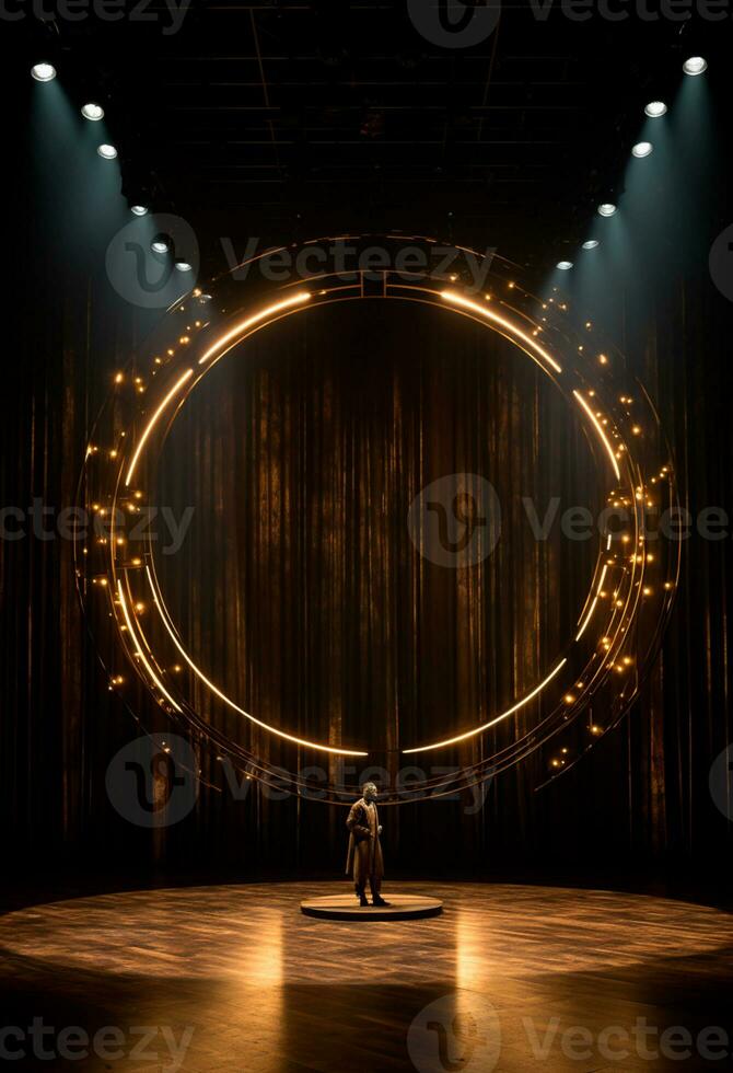 AI generated stage background with a large circular light, in dark bronze and gold style, wood for composition AI generated photo