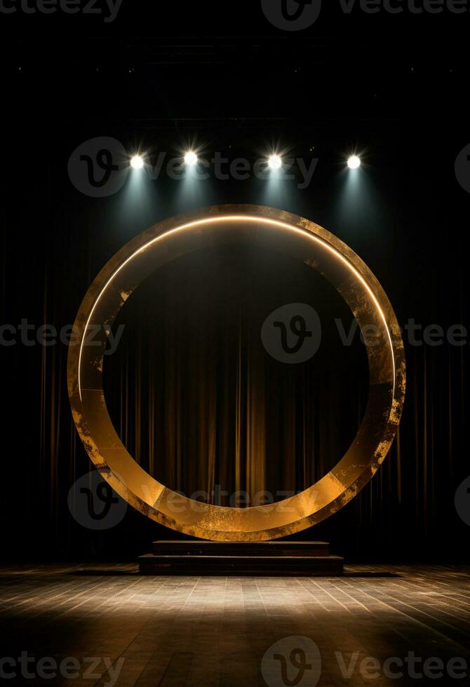 AI generated stage background with a large circular light, in dark bronze and gold style, wood for composition AI generated photo