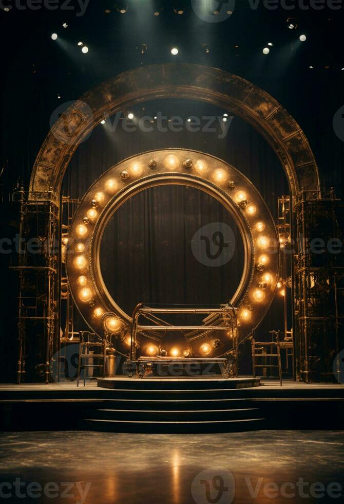 AI generated stage background with a large circular light, in dark bronze and gold style, wood for composition AI generated photo