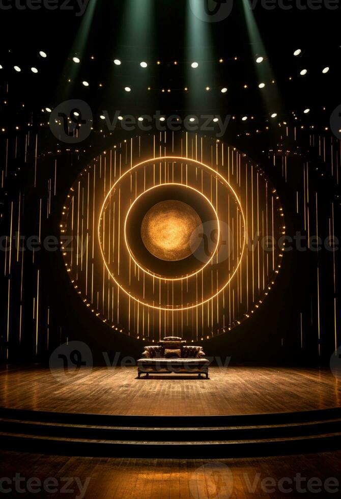 AI generated stage background with a large circular light, in dark bronze and gold style, wood for composition AI generated photo