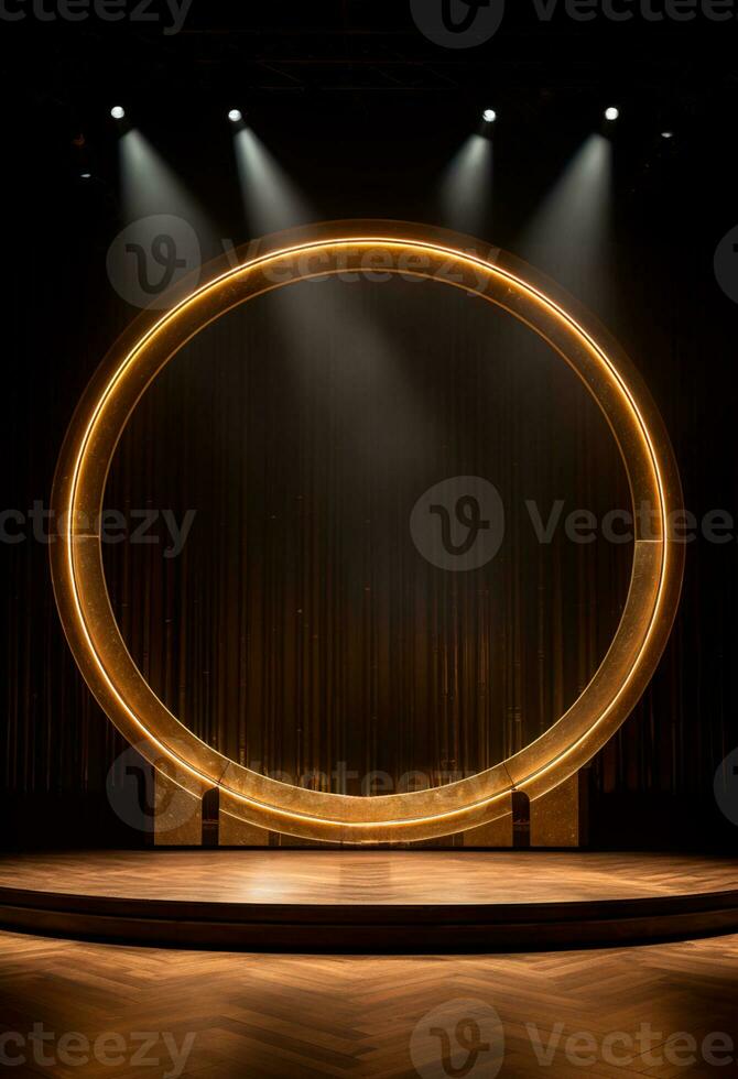 AI generated stage background with a large circular light, in dark bronze and gold style, wood for composition AI generated photo