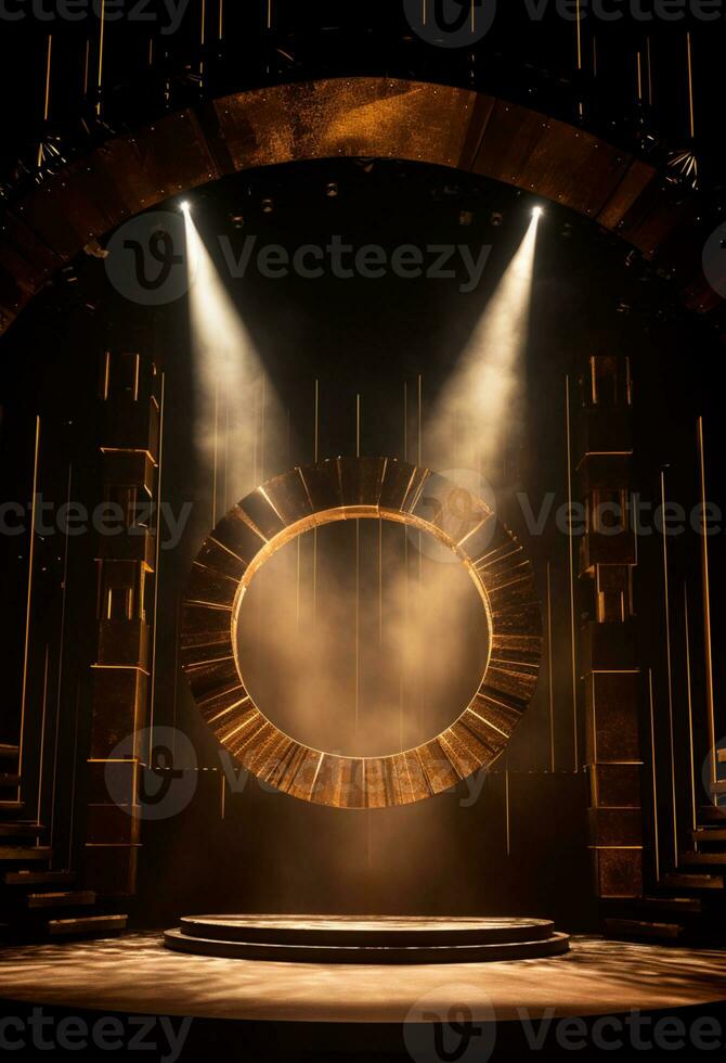 AI generated stage background with a large circular light, in dark bronze and gold style, wood for composition AI generated photo