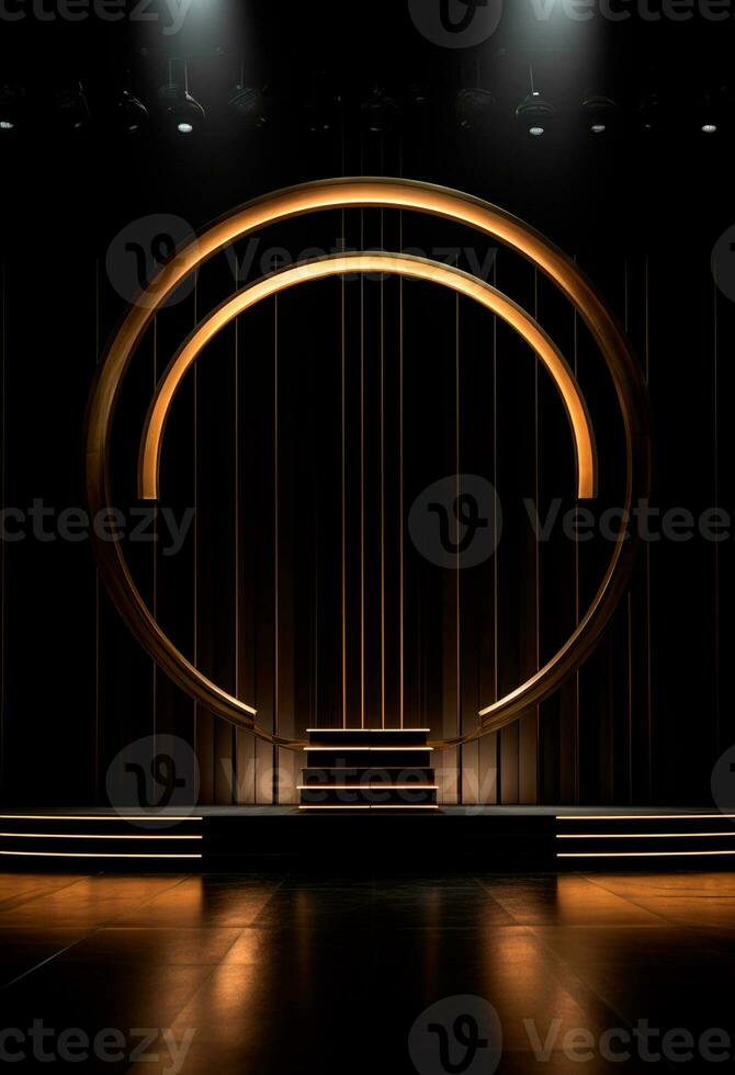 AI generated stage background with a large circular light, in dark bronze and gold style, wood for composition AI generated photo