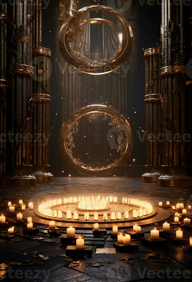 AI generated stage background with a large circular light, in dark bronze and gold style, wood for composition AI generated photo