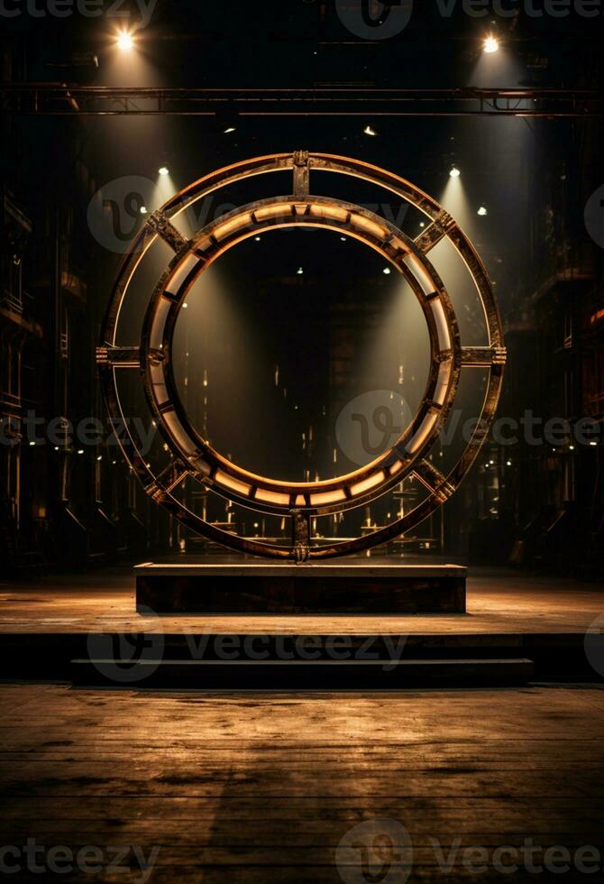 AI generated stage background with a large circular light, in dark bronze and gold style, wood for composition AI generated photo
