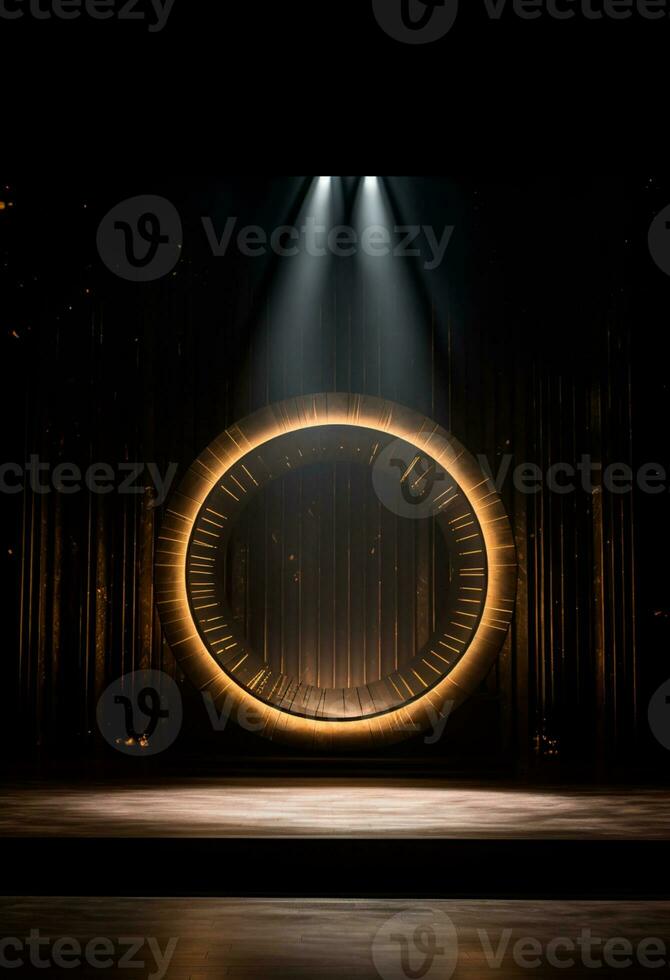 AI generated stage background with a large circular light, in dark bronze and gold style, wood for composition AI generated photo