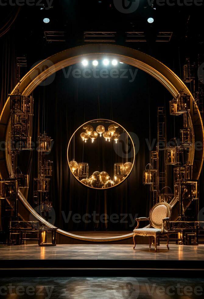 AI generated stage background with a large circular light, in dark bronze and gold style, wood for composition AI generated photo