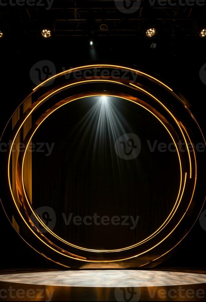 AI generated stage background with a large circular light, in dark bronze and gold style, wood for composition AI generated photo