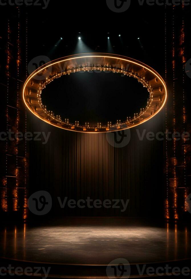 AI generated stage background with a large circular light, in dark bronze and gold style, wood for composition AI generated photo