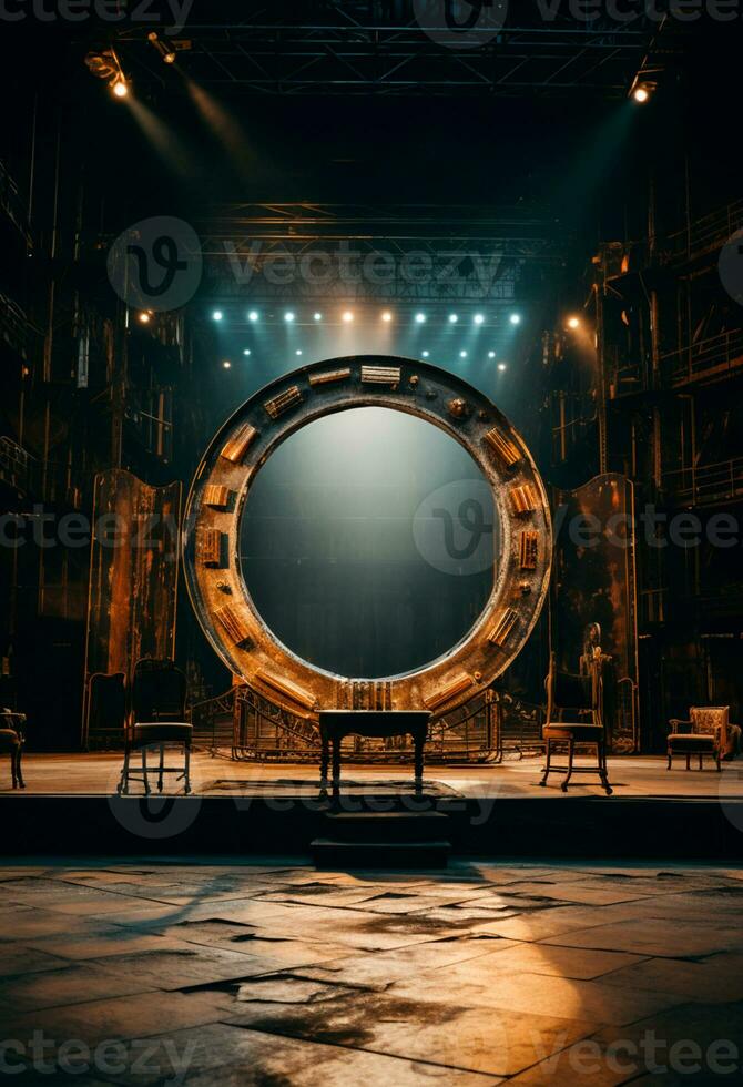 AI generated stage background with a large circular light, in dark bronze and gold style, wood for composition AI generated photo