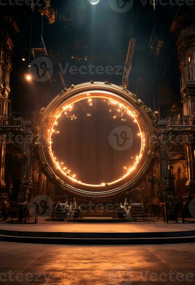 AI generated stage background with a large circular light, in dark bronze and gold style, wood for composition AI generated photo