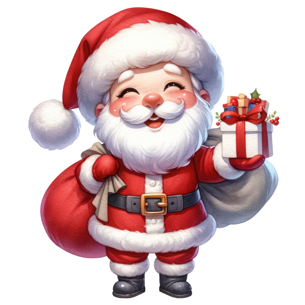 AI generated Cute Santa Claus with a gift box isolated. png