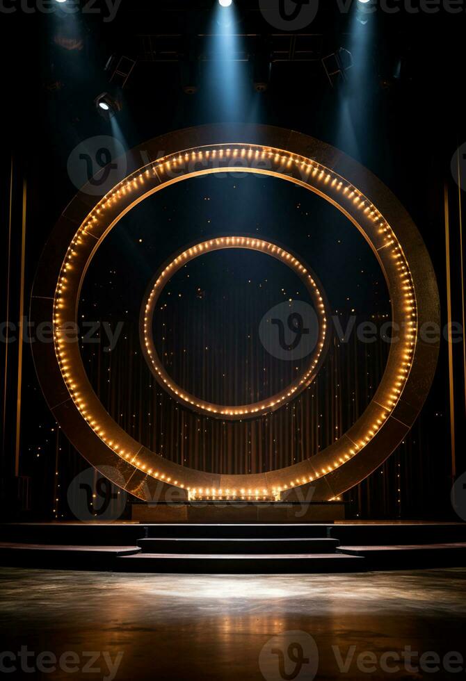 AI generated stage background with a large circular light, in dark bronze and gold style, wood for composition AI generated photo