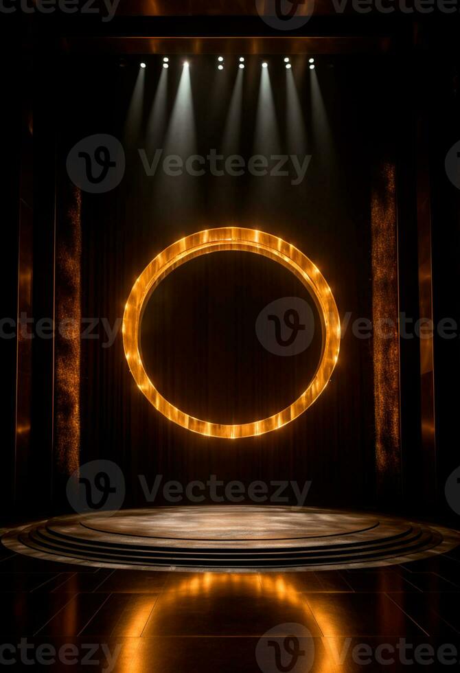 AI generated stage background with a large circular light, in dark bronze and gold style, wood for composition AI generated photo