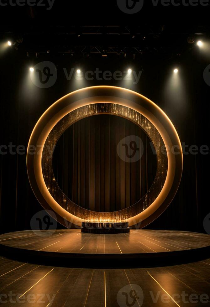 AI generated stage background with a large circular light, in dark bronze and gold style, wood for composition AI generated photo