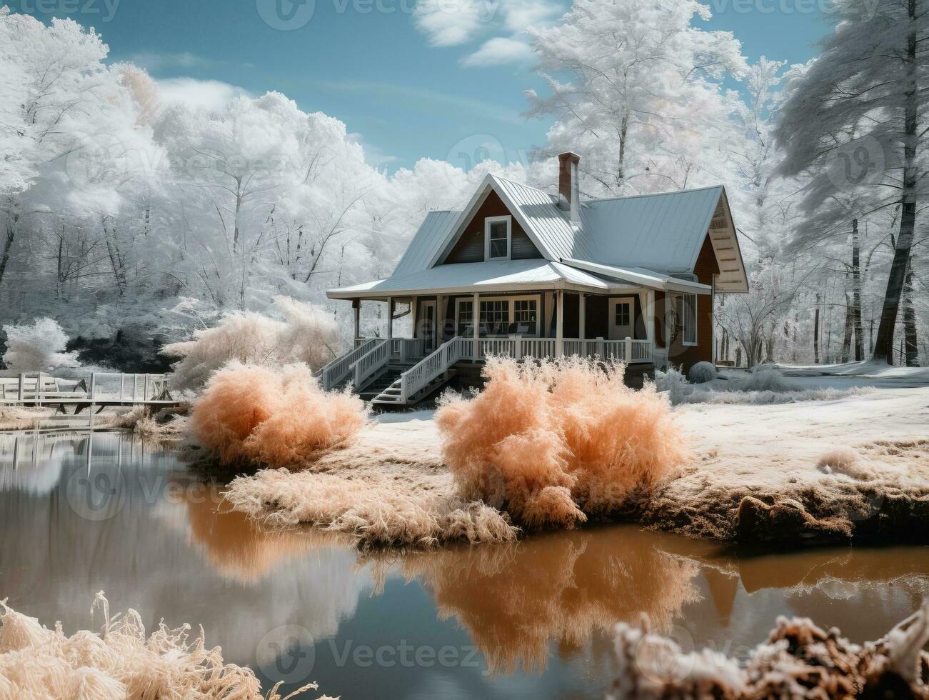 an infrared image of a house by the water generative ai photo