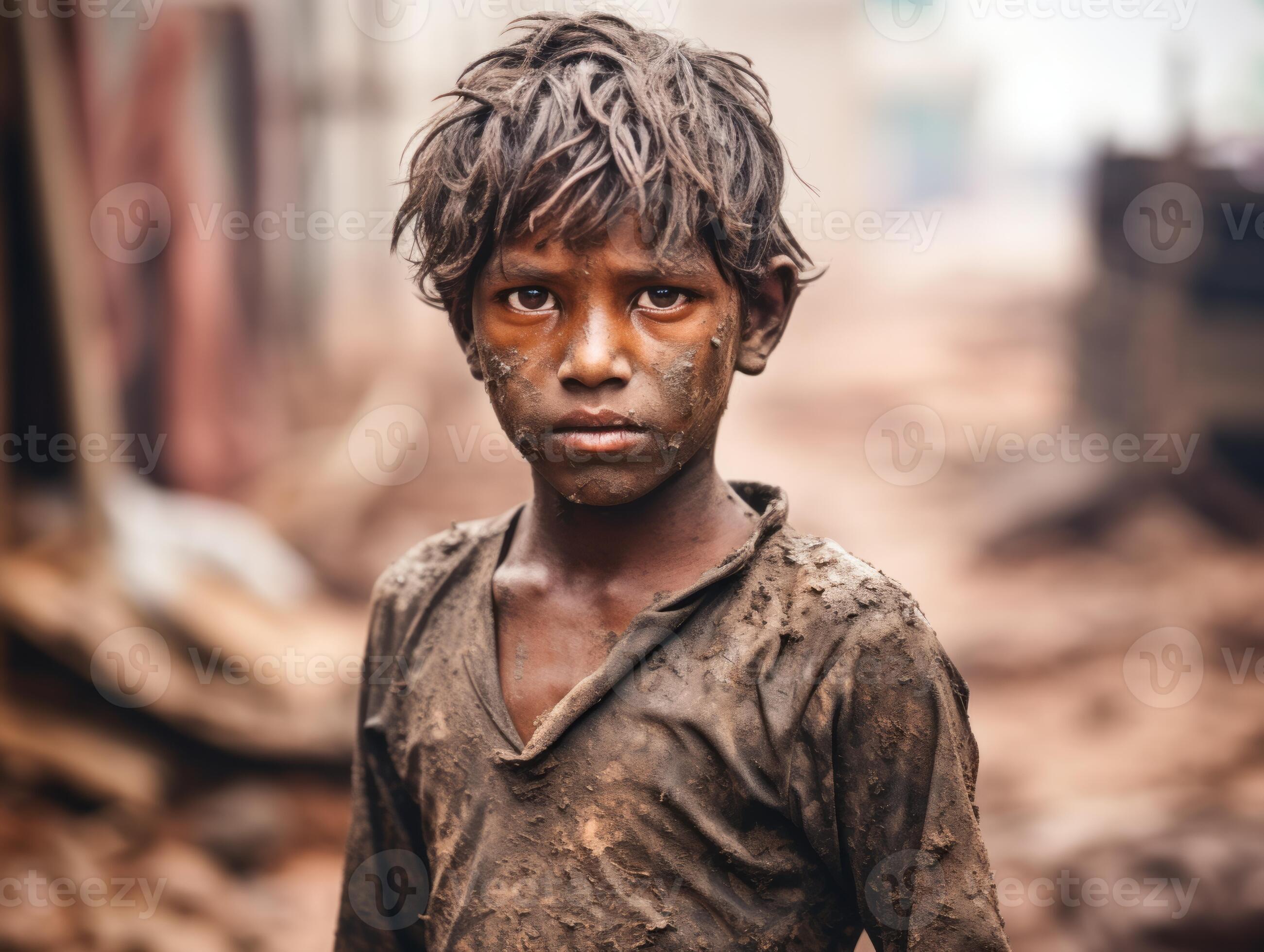an indian boy with mud on his face standing in the dirt generative ai