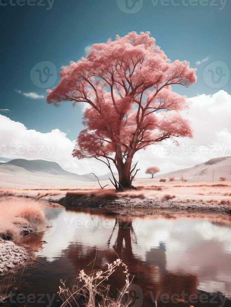 an infrared image of a pink tree in the middle of a field generative ai photo