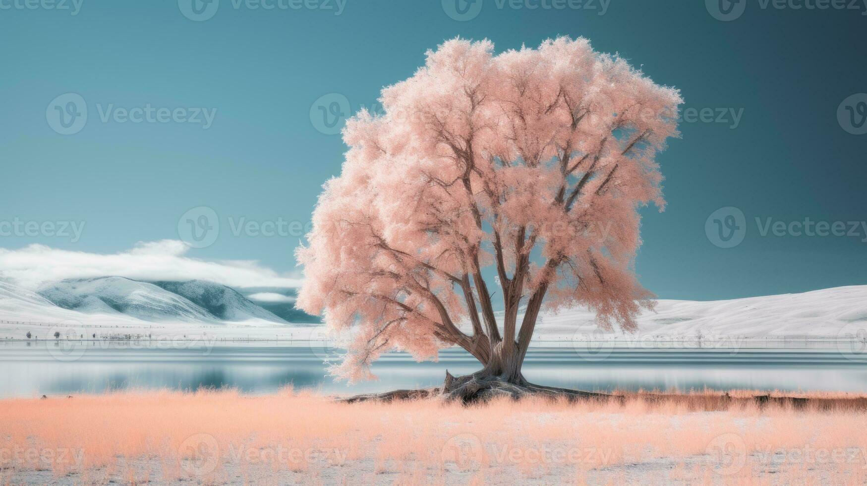 an infrared image of a pink tree in front of a body of water generative ai photo