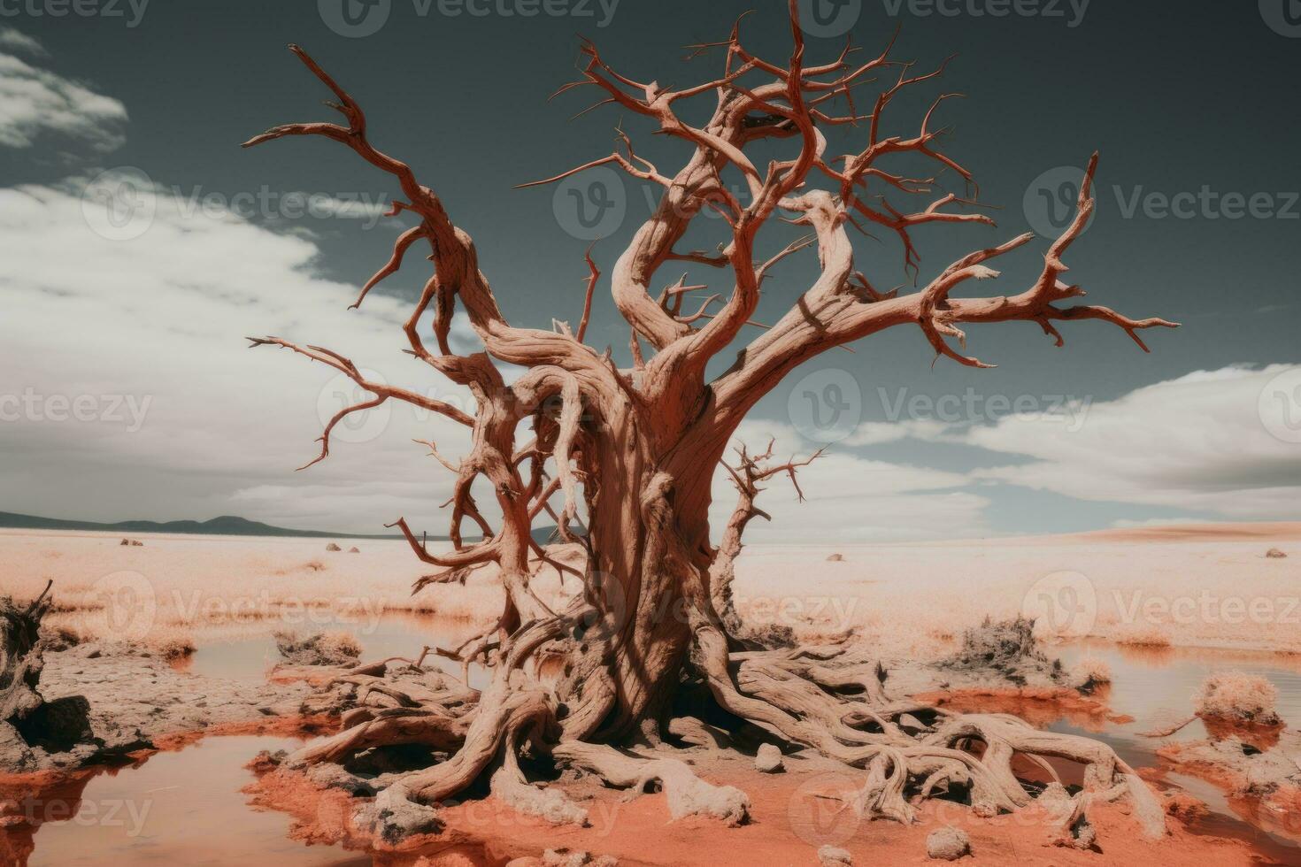an infrared image of a dead tree in the desert generative ai photo
