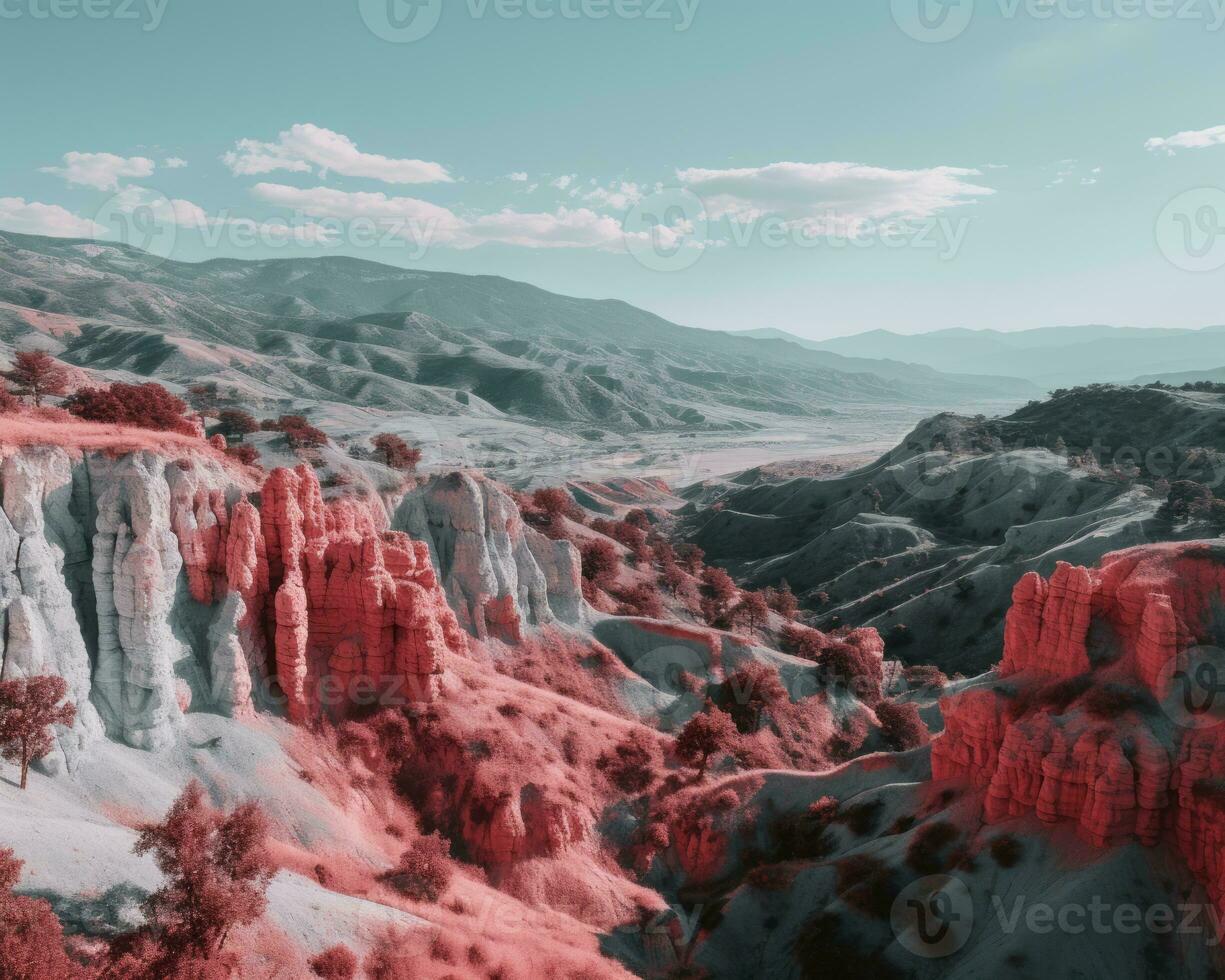 an infrared image of red rock formations in the desert generative ai photo