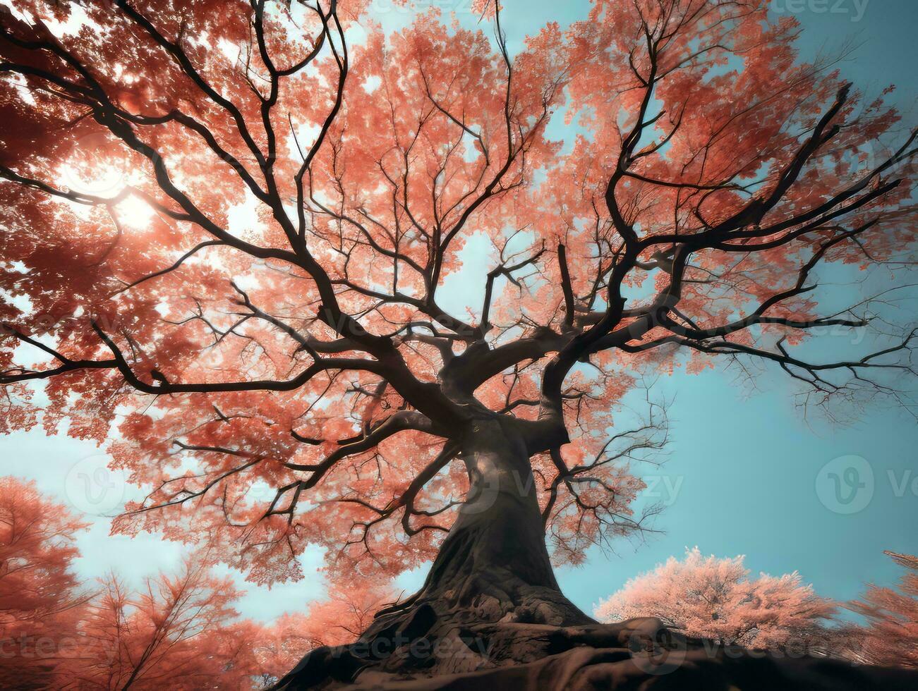 an infrared image of a tree with red leaves generative ai photo