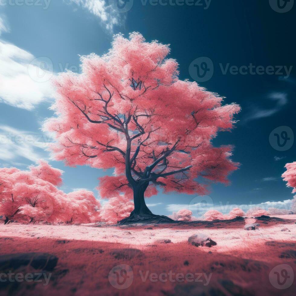 an infrared image of a tree with pink leaves generative ai photo