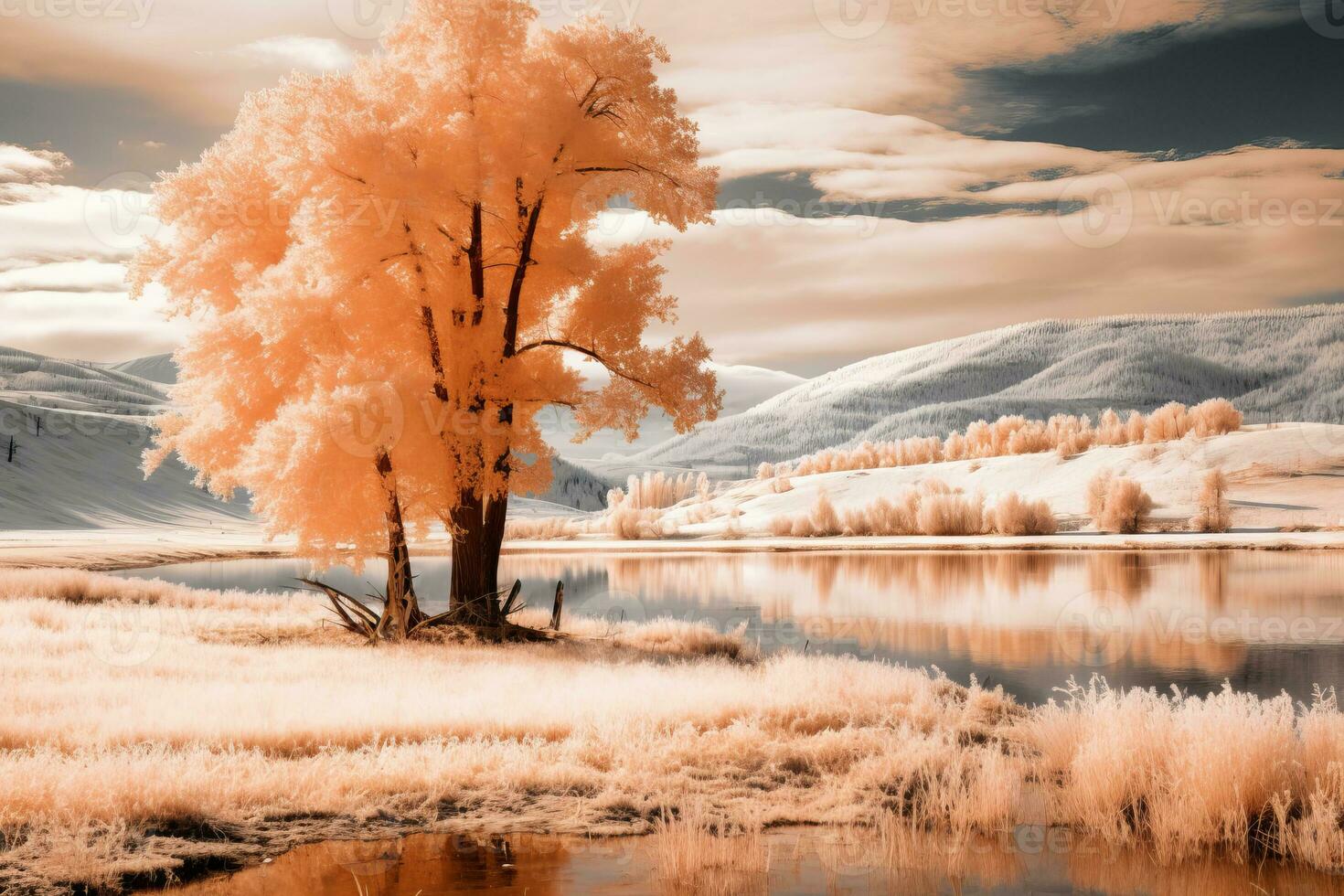 an infrared image of a tree by a lake generative ai photo