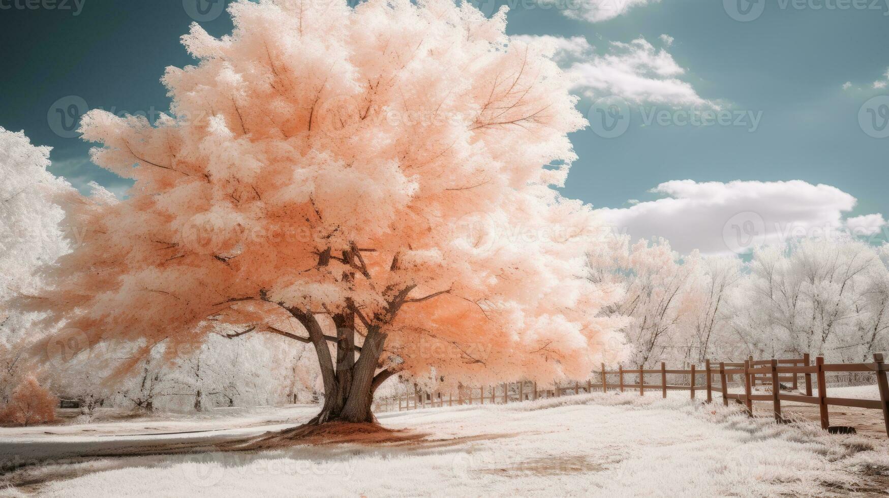an infrared image of a tree with pink leaves generative ai photo