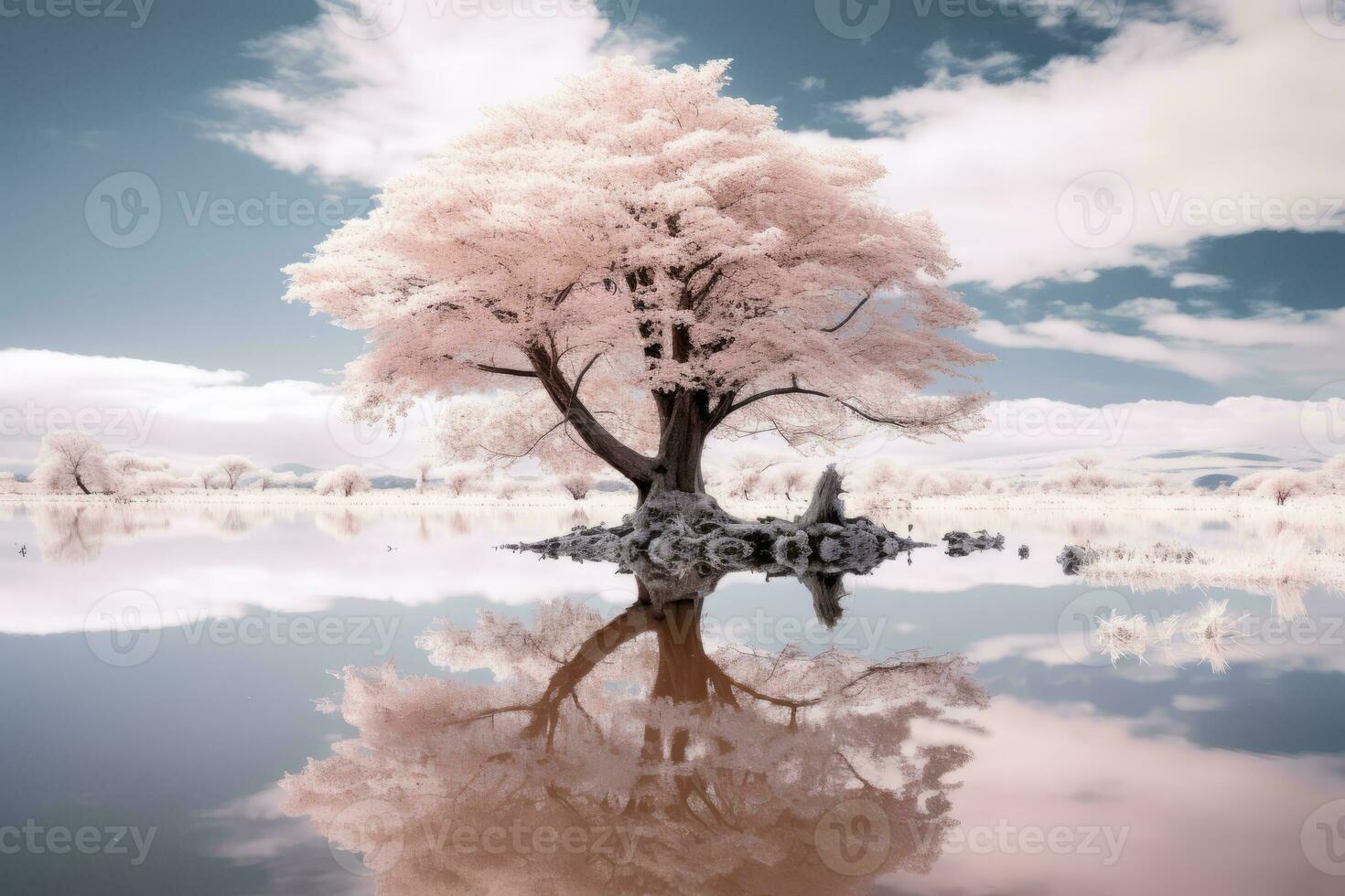an infrared image of a tree in the middle of a lake generative ai photo