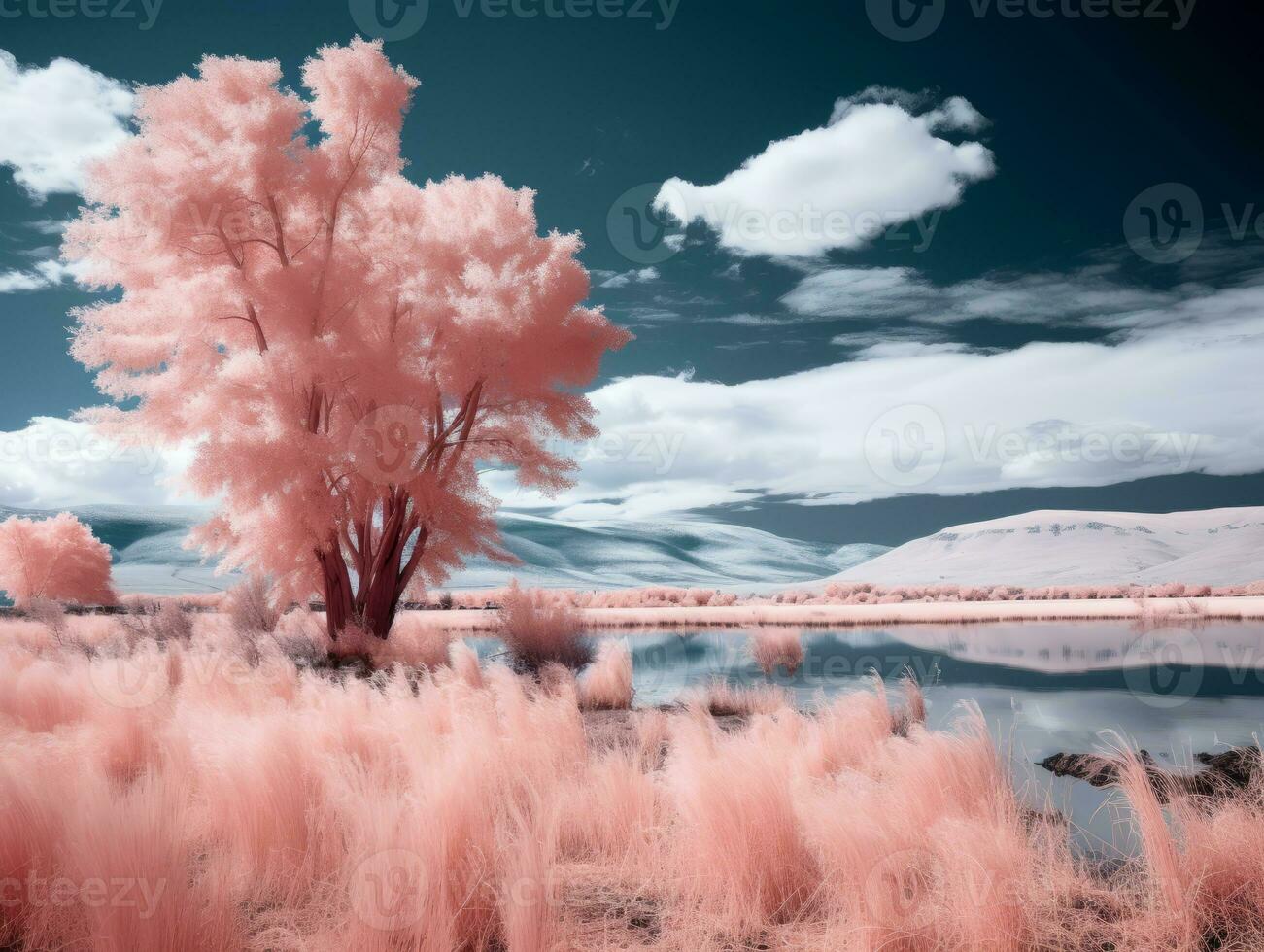 an infrared image of a pink tree in a field generative ai photo