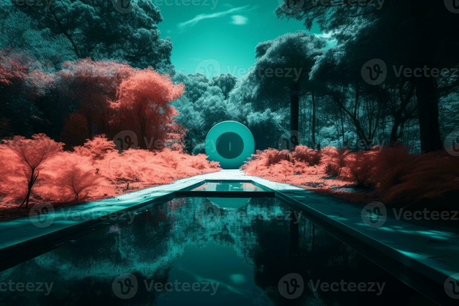 an infrared image of a pond surrounded by trees generative ai photo