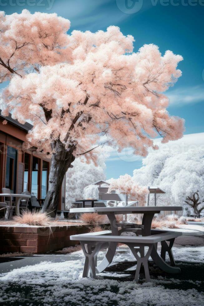 un infrarrojo imagen de un picnic mesa debajo un rosado árbol generativo ai foto