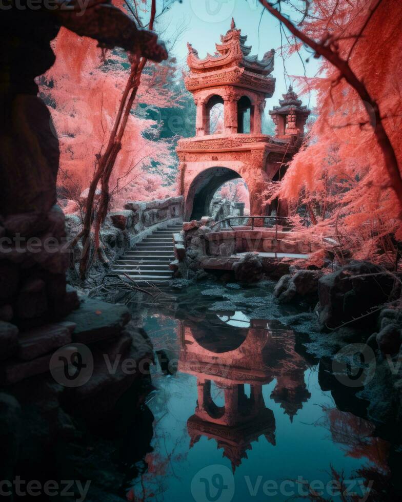 an infrared image of a bridge in a park generative ai photo