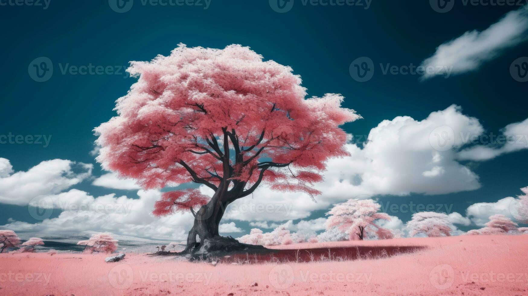 an infrared image of a pink tree in a field generative ai photo