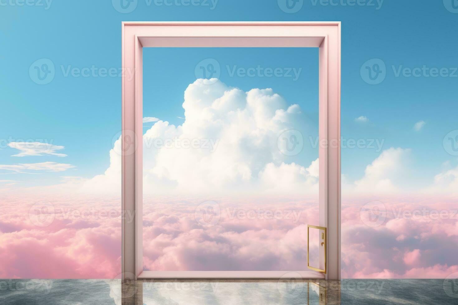 an open door in front of a pink sky and clouds generative ai photo
