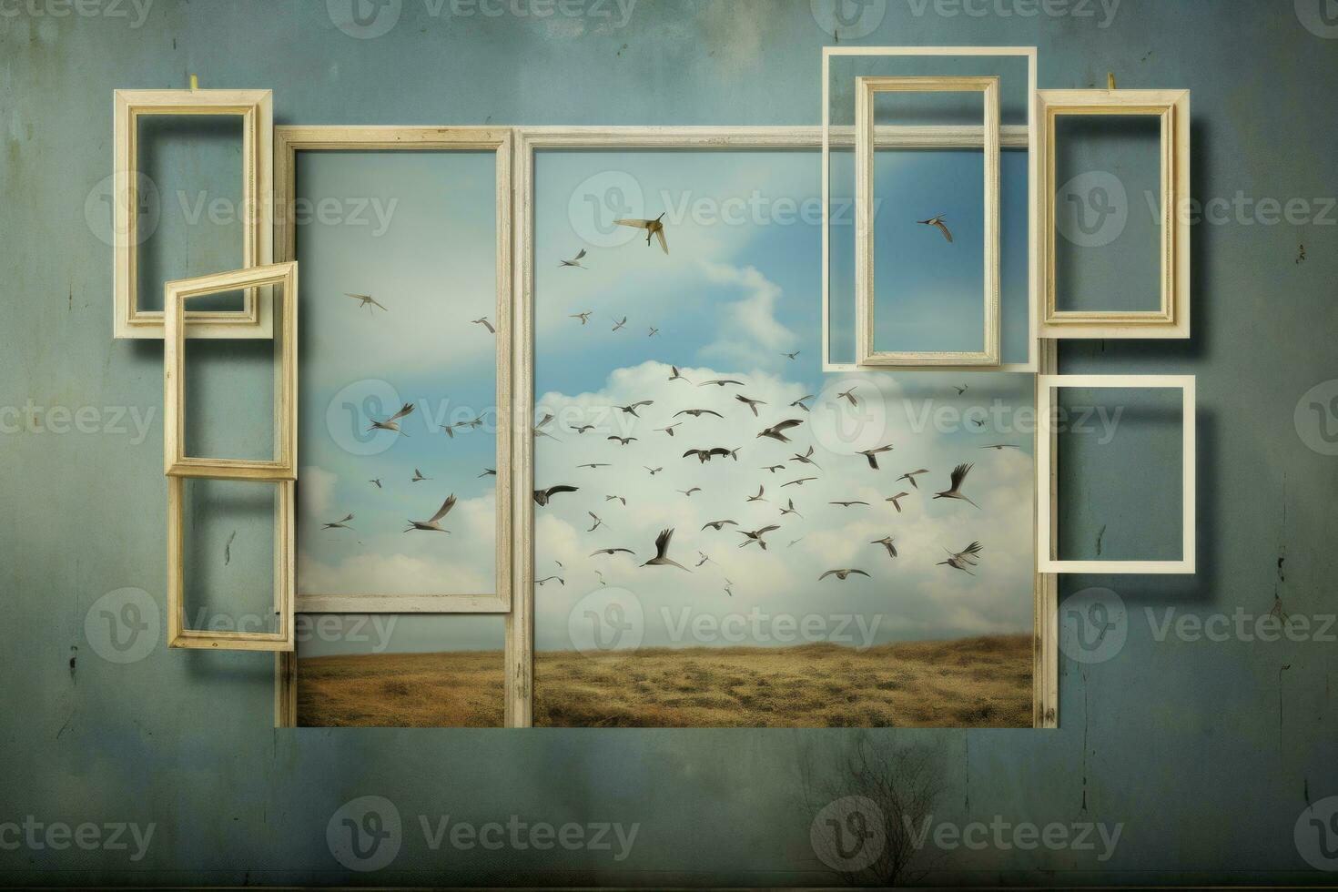 an open window with birds flying out of it generative ai photo